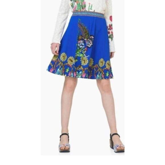 Desigual Henry Knee/Mini Skirt Blue Floral Boho Elastic WaistA-Line Sz Large